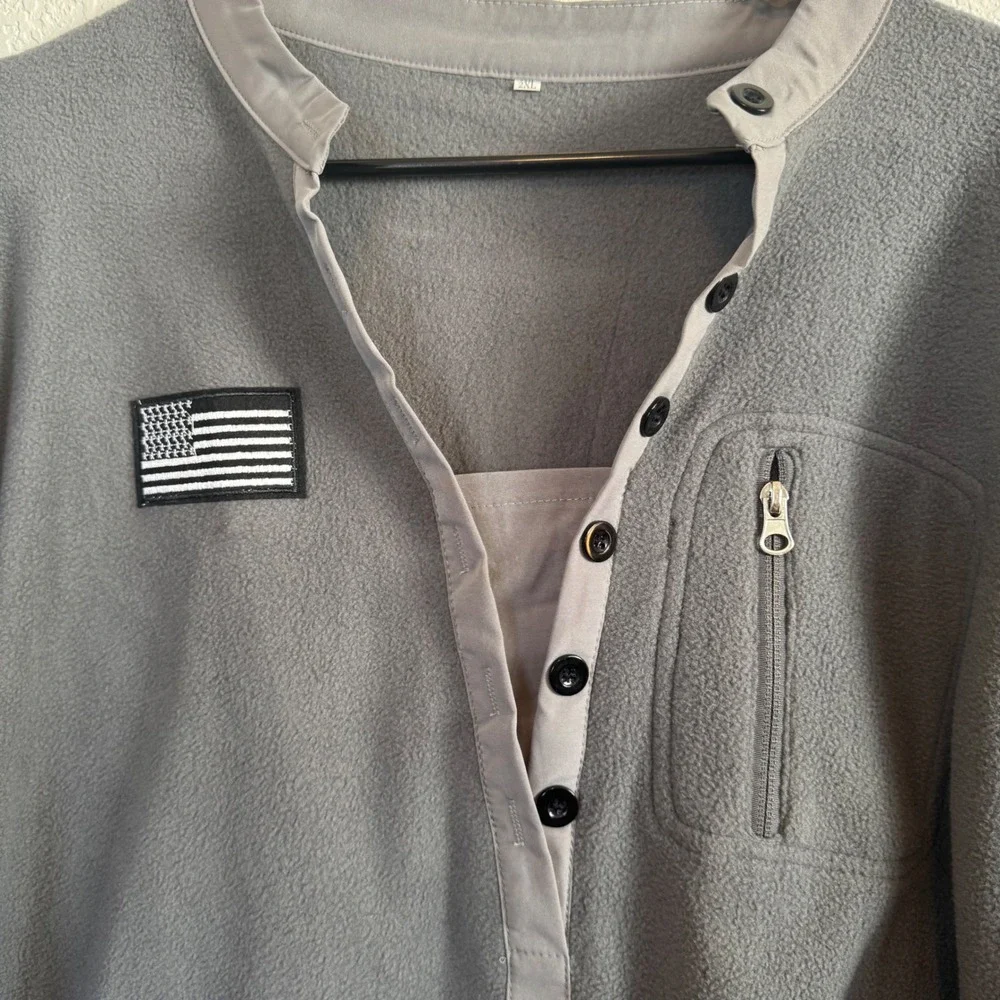 Fleece Pullover Men 2XL Gray American Flag‎ Patch Button Henley Pocket